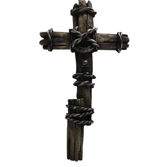 Cowboy Crucifix Western Wasll Cross Rustic Barbwire Horseshoe Rodeo Farmhouse - Picture 5 of 16